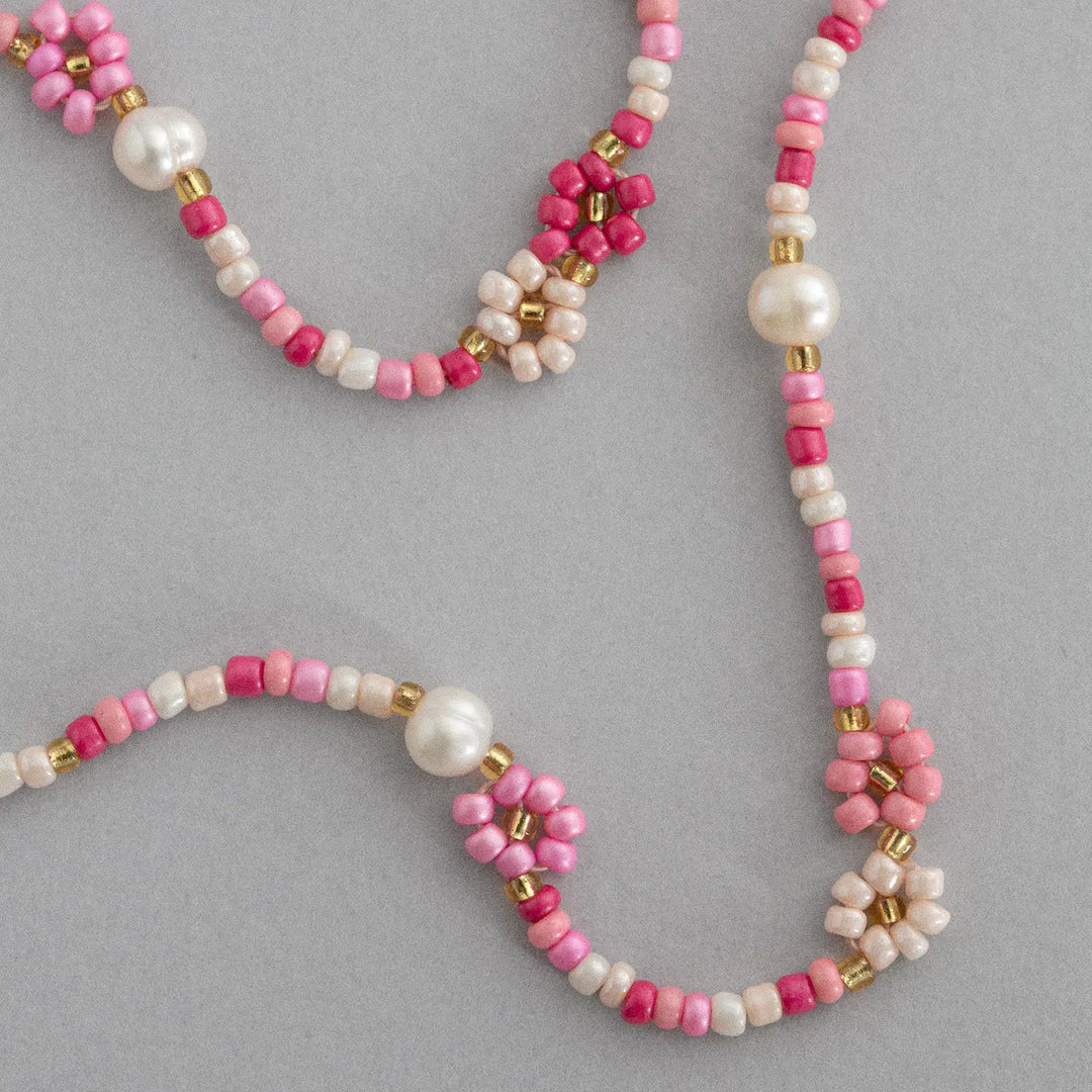 Elsa - Colorful Beads Flower and Pearl Pink Necklace  | Timi of Sweden