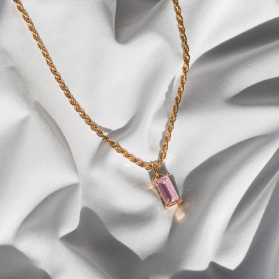 Necklace with Rectangular Crystal - Pink